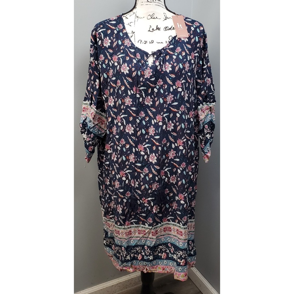 Hotouch Sheath Dress Womens‎ 2XL Multi Floral Rayon Summer Long Sleeve Tie Neck